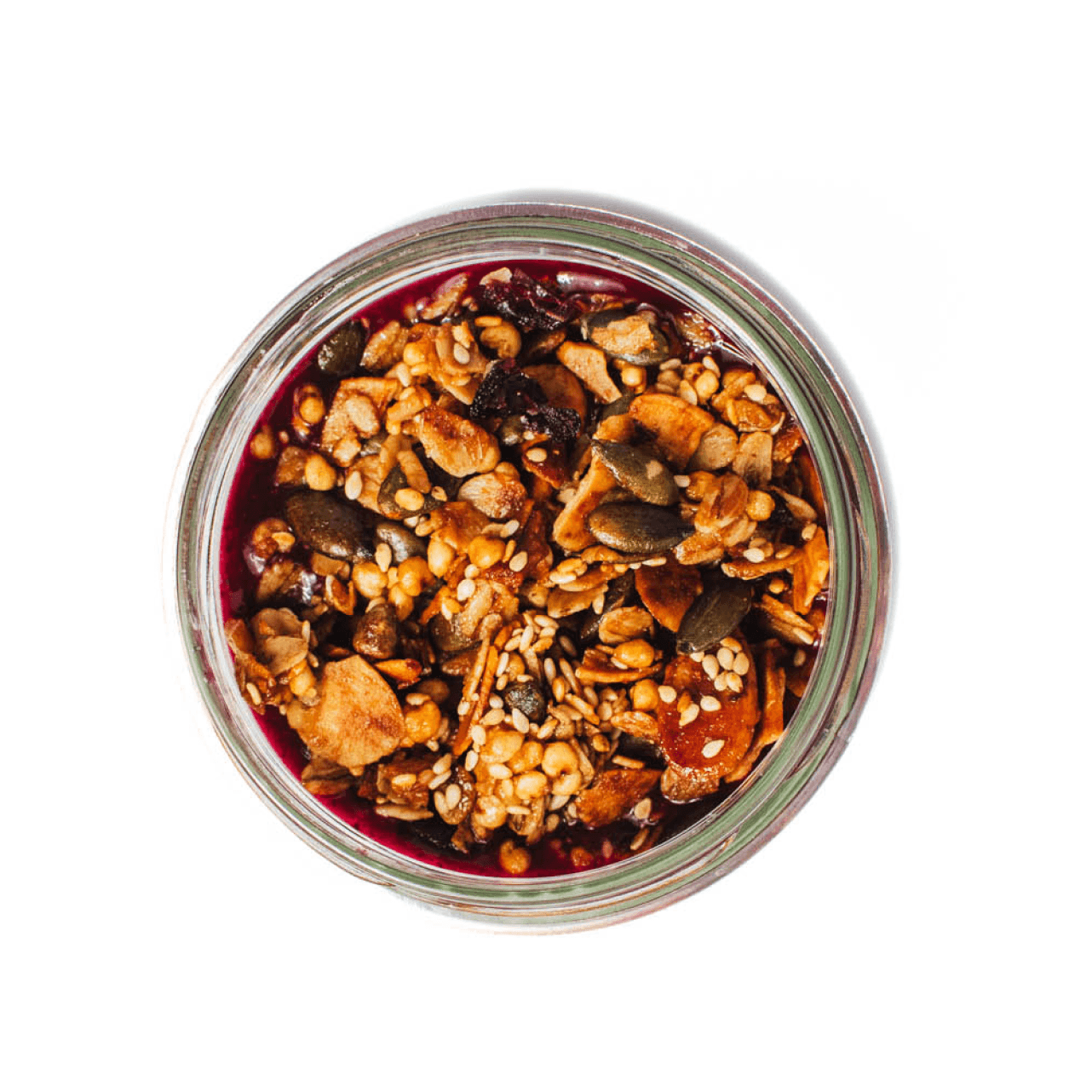 Smoothie Frutos Vermelhos e Granola, visto de cima